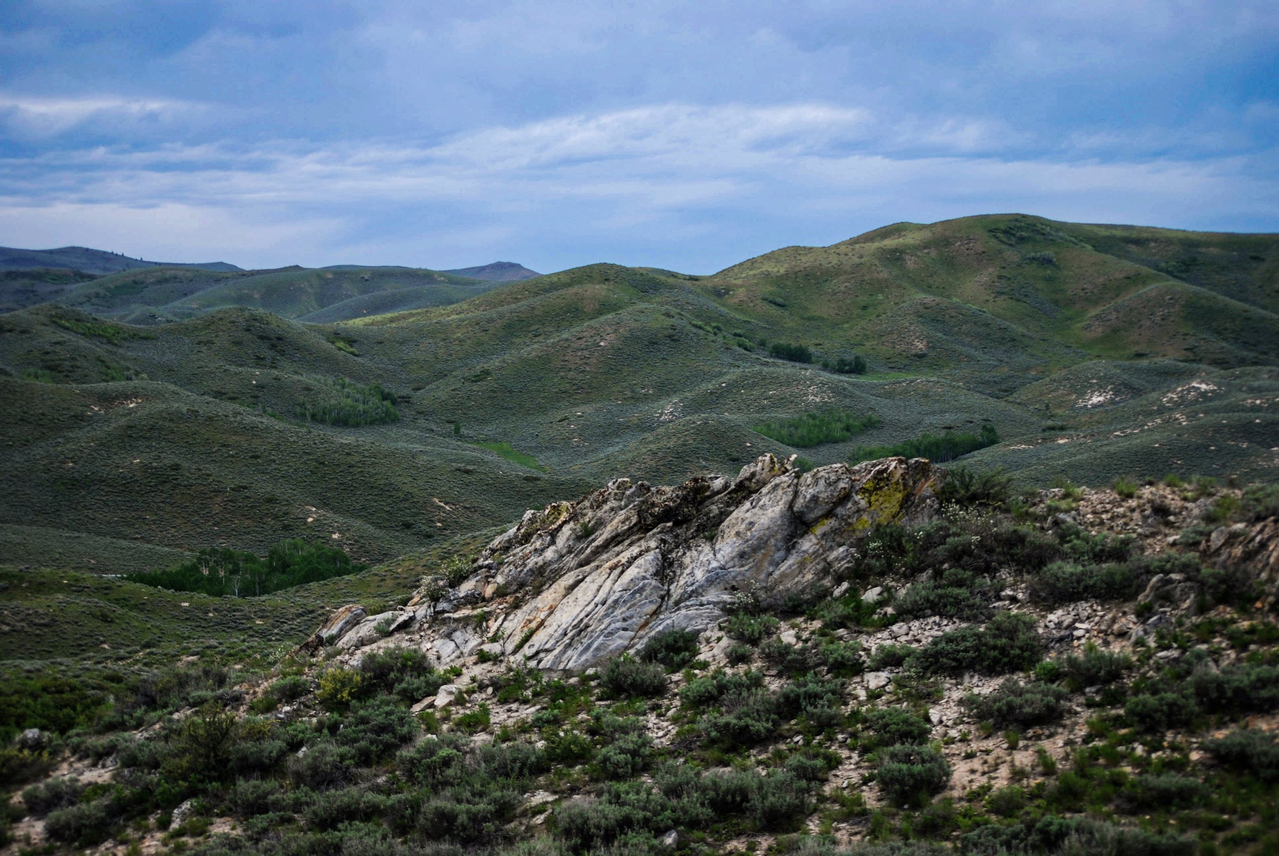 Green hills with rock outcrop