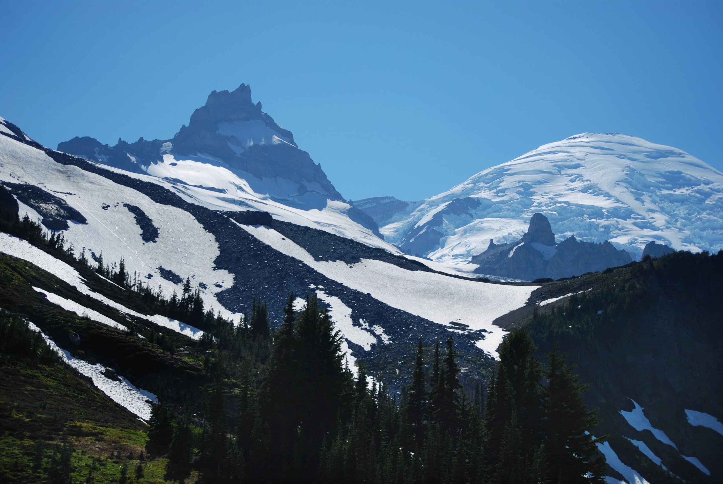 Summer view of Little Tahoma and summit