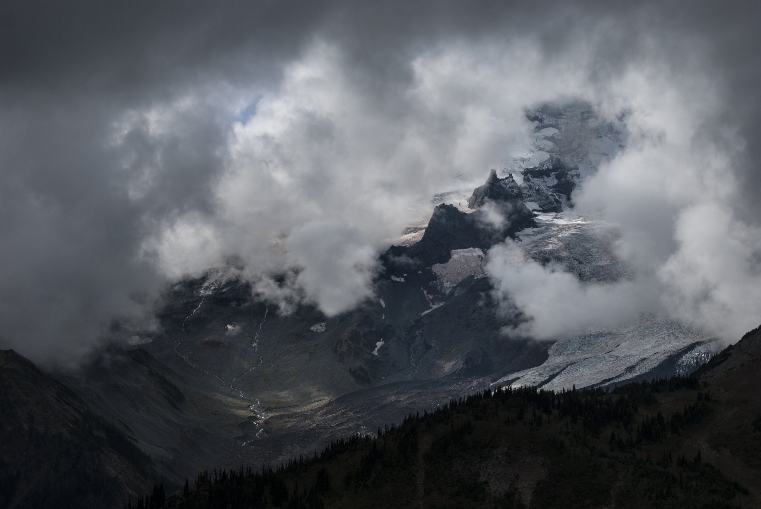 Clouds over Emmons glacier valley